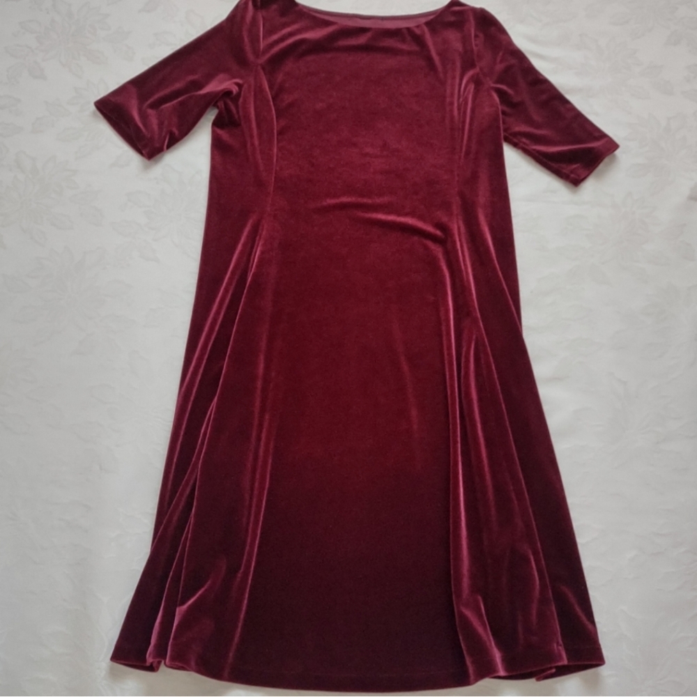 Burgundy velvet dress short sleeves boat neck